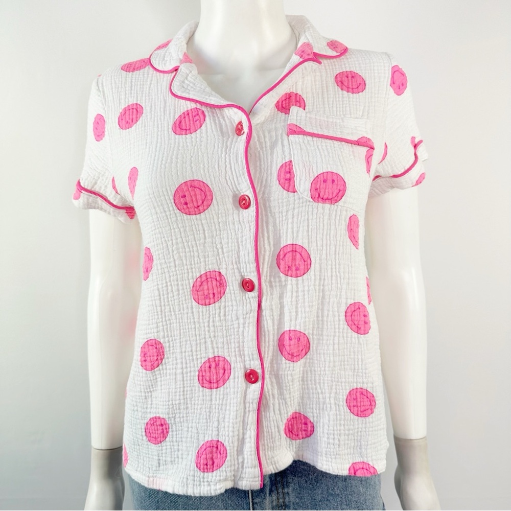 Sassy Shortcake Pink White Smiley Gauze Pajama Top Size S Comfy Girly Summer